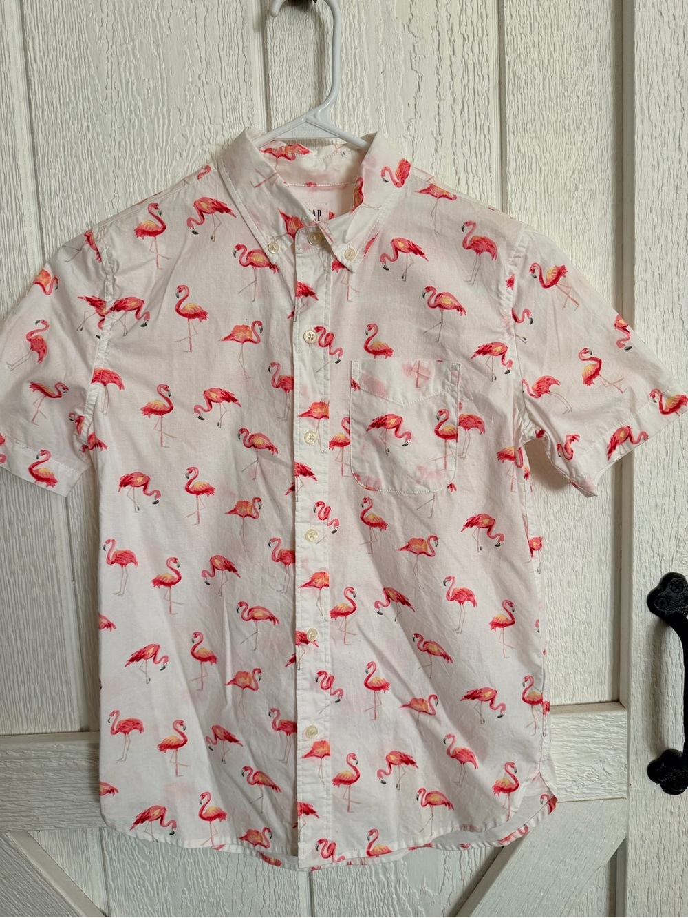 GAP Boys Poplin Short-Sleeve Flamingo Print Button-Down Shirt - White/Pink